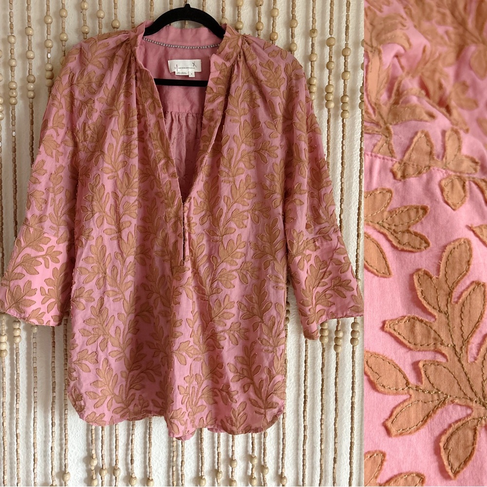 Anthropologie Pink Tunic Blouse with Tan Embroidered Leaf Pattern